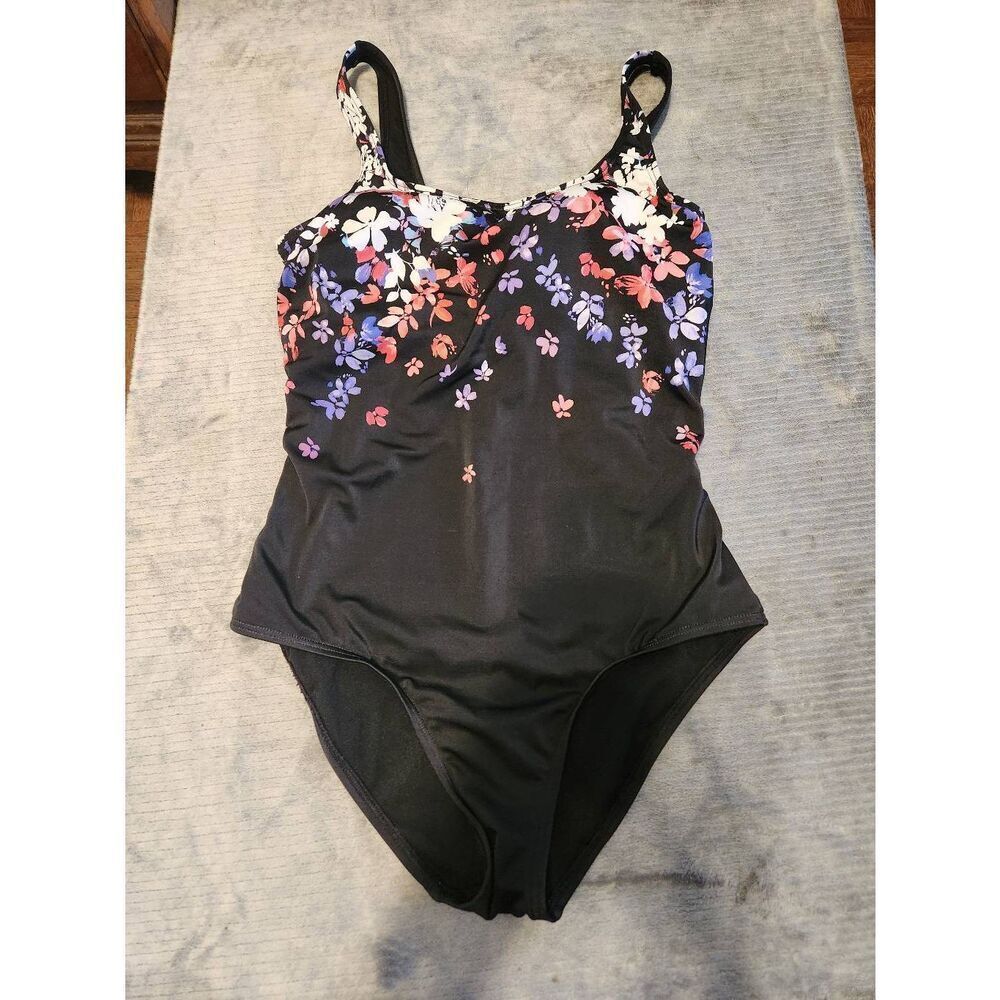 Swimsuits For All Black & Purple & Pink Floral One Piece Swimsuit Size 12